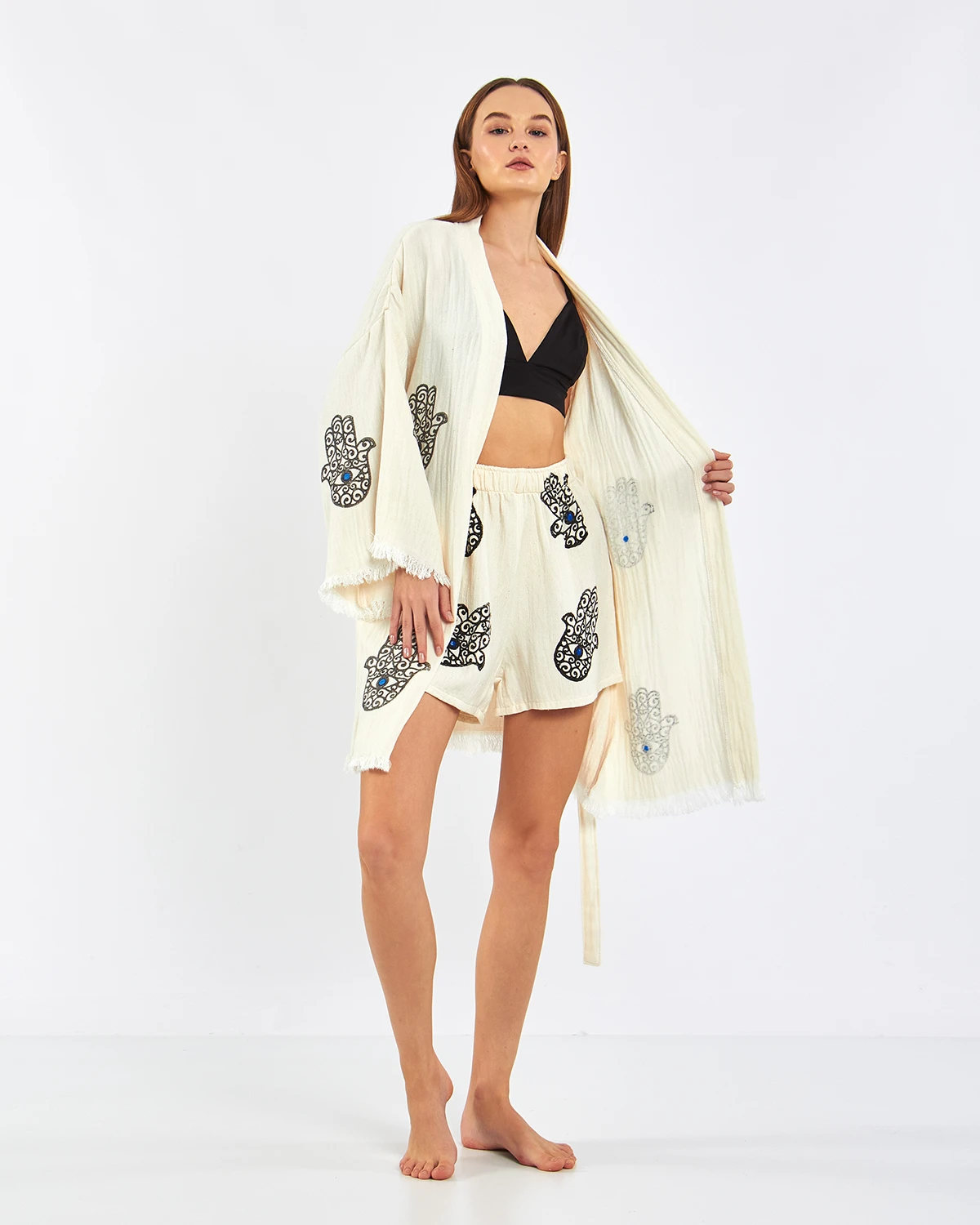 Ivory Shine – Musselin 2-Teiler (Cardigan & Shorts)
