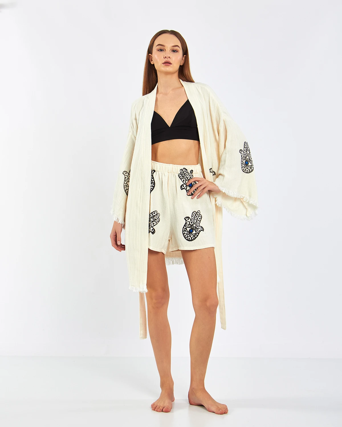 Ivory Shine – Musselin 2-Teiler (Cardigan & Shorts)